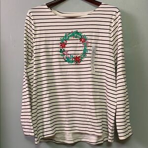 Croft & Barrow Striped Long Sleeve Cotton Crewneck Top w Festive Sparkled Wreath